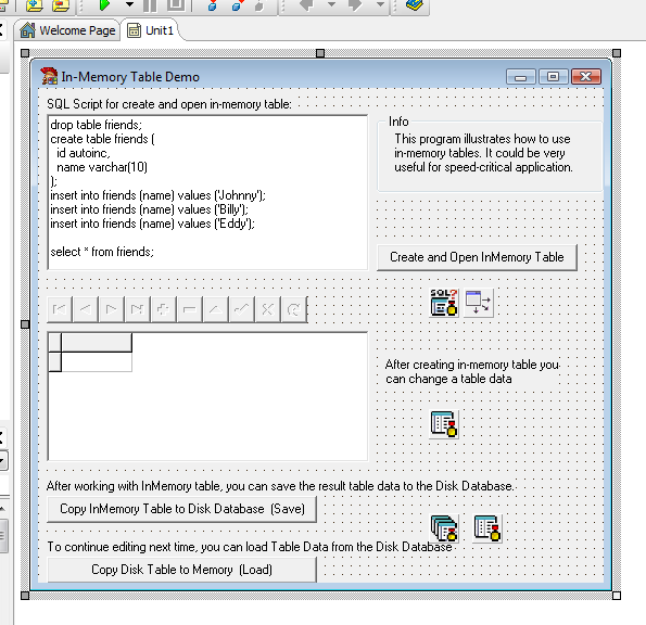 In Memory Table Delphi Example