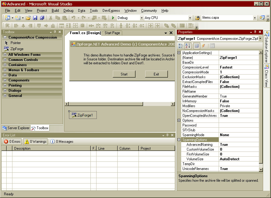 Screenshot of ZipForge.NET 1.0